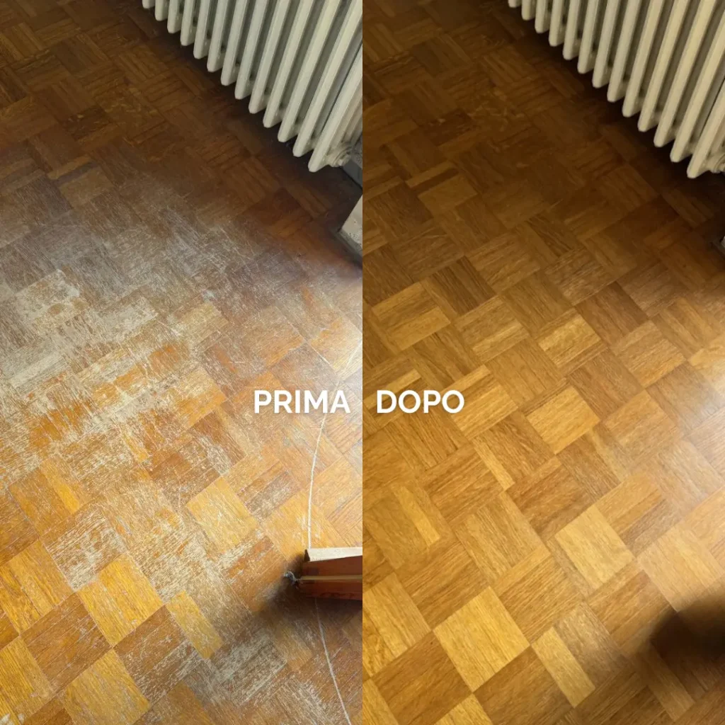 Prima e dopo lavoro di levigatura parquet